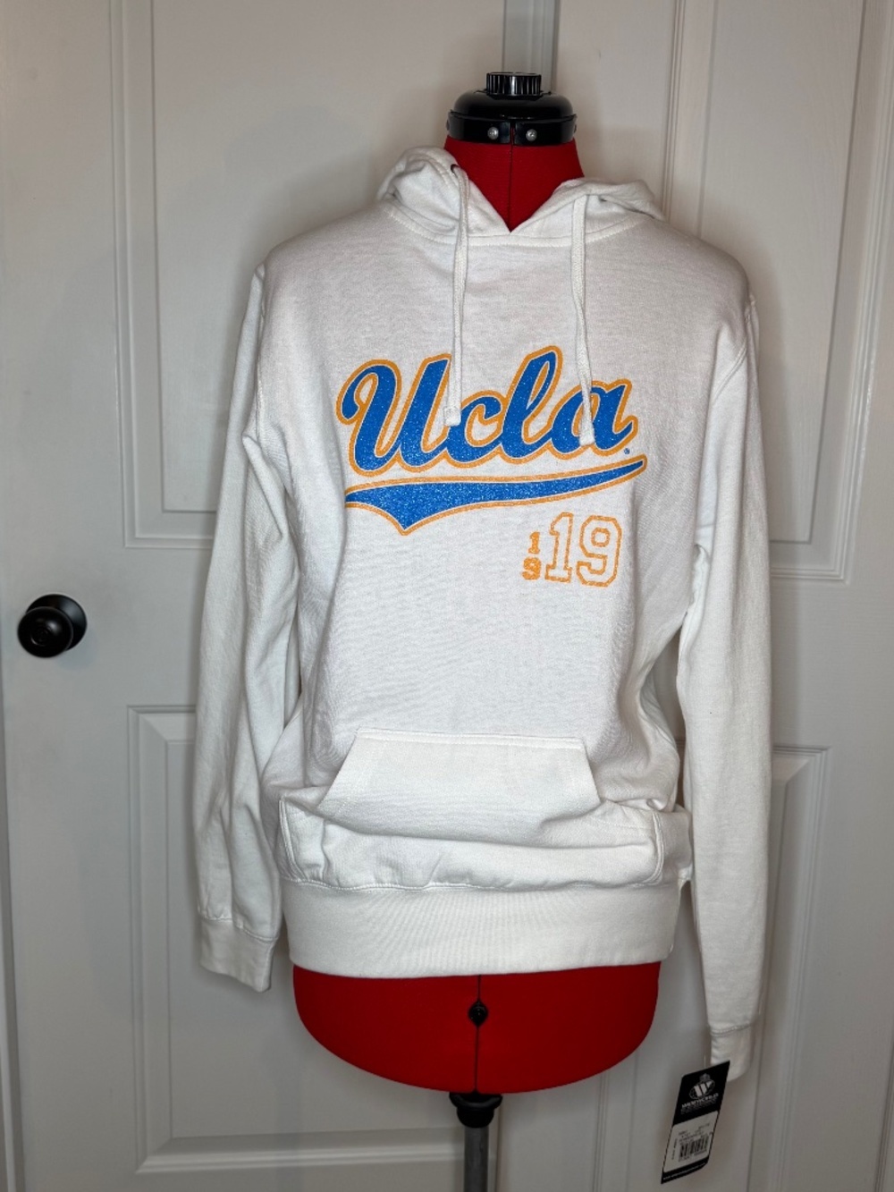 Wide World Sportswear UCLA Pullover Hoodie White Glitter Print NWT Womens M